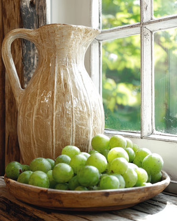 A rustic ceramic pitcher and bowl of green grapes sit on a wooden surface near a window.の素材