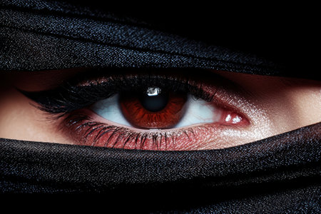 Close-up of a woman's eye peeking from behind a black veilの素材