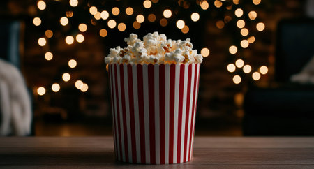 Popcorn in a striped bucket in front of a blurry background of christmas lightsの素材