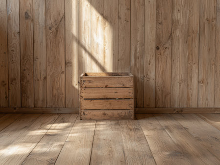 Empty wooden crate on rustic wooden floor and wallの素材