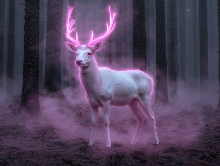 White deer with neon antlers in a foggy forestの素材