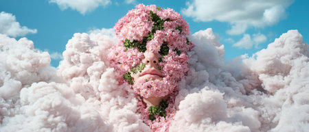 Surreal portrait of a person with pink flowers covering their face, surrounded by cloudsの素材