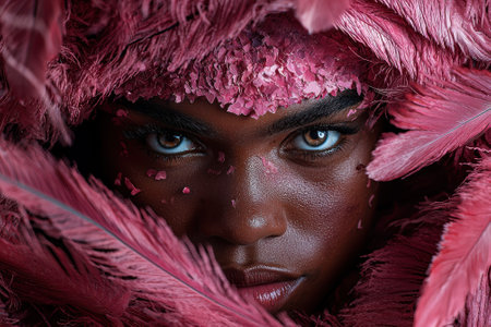 Close-up portrait of a woman with pink feathers and makeupの素材