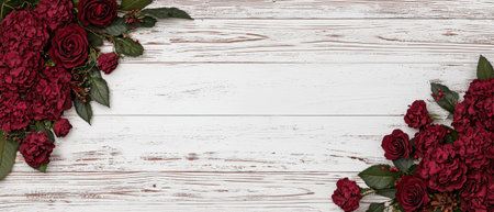 Dark red roses and hydrangeas on white wooden backgroundの素材