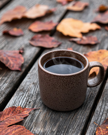 Warm autumn drink on wooden table with fall leavesの素材