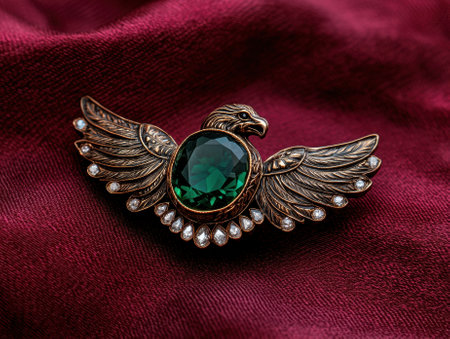 Ornate eagle brooch with green gemstone and diamondsの素材