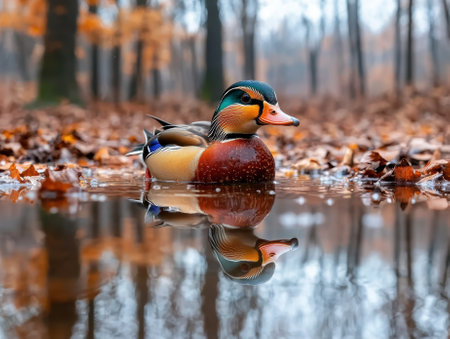 Mandarin duck in autumn forest reflecting in waterの素材