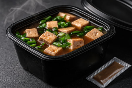 Delicious tofu soup in a black container with green onionsの素材