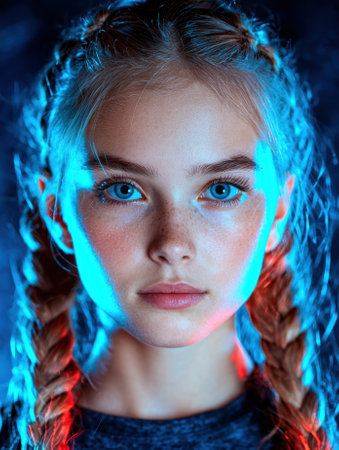 Futuristic portrait of a young woman with vibrant hair braids and glowing light effectsの素材