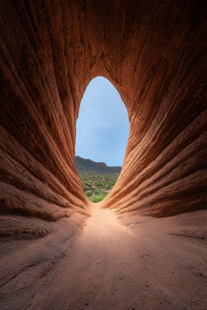A tunnel of light through a sandstone rock formationの素材