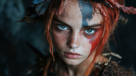 Close-up portrait of a woman with red hair and face paintの素材