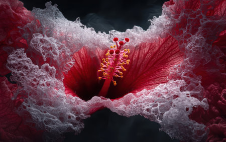 Close-up of a red hibiscus flower with white foamの素材