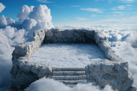 Stone staircase leading to a cloud platform in the skyの素材