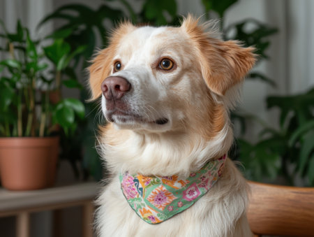 Adorable fluffy dog wearing a floral bandanaの素材