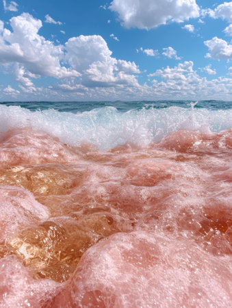 Pink water waves crashing on the beach under a blue skyの素材