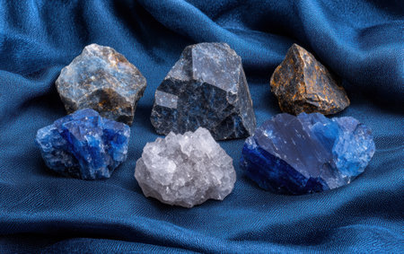 Blue and grey crystals on blue fabricの素材