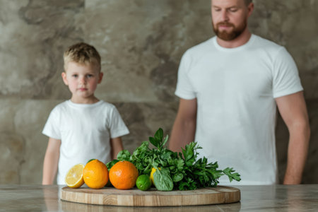 Father and son prepare healthy ingredients together in the kitchenの素材