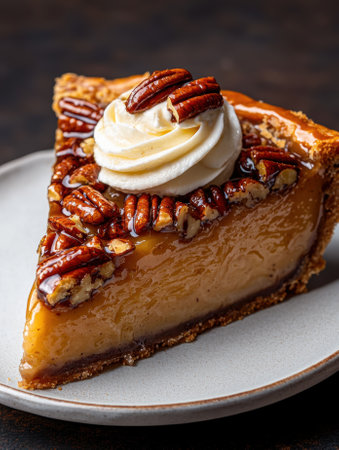 A slice of pecan pie with whipped creamの素材