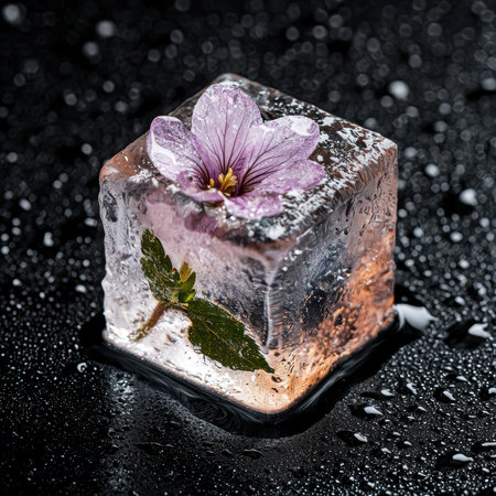 Frozen flower in ice cube on black backgroundの素材