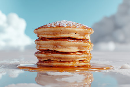 Delicious pancakes with syrup and powdered sugarの素材