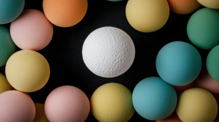Pastel colored spheres surrounding a textured white sphereの素材