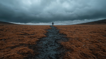 Solitary figure on a path across a desolate landscape under a dramatic skyの素材