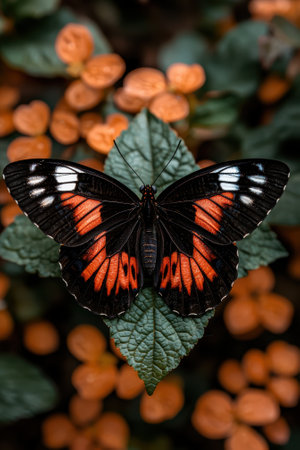 Closeup of a black and orange butterfly on a leafの素材