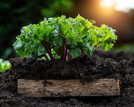 Young kale plants growing in rich soilの素材