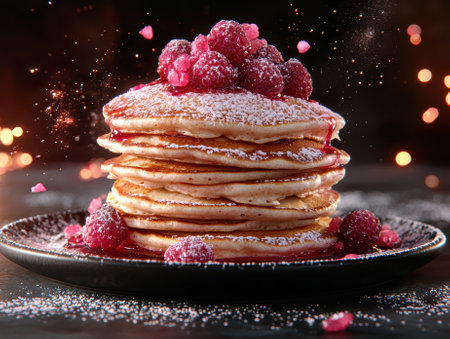 Delicious pancakes with fresh raspberries and powdered sugarの素材