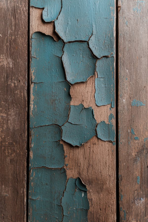 Close-up of peeling paint on weathered wood planksの素材