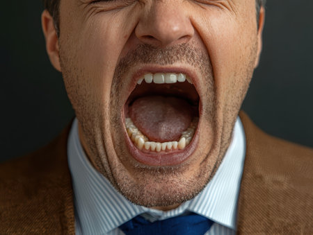Close-up of a man screaming with his mouth wide openの素材