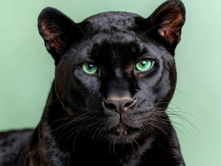Closeup portrait of a black panther with piercing green eyesの素材