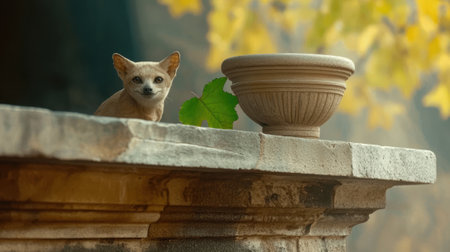 Small fox peeking over stone wall with autumn leavesの素材