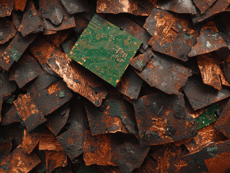 Close-up of a pile of burnt circuit boards and electronic wasteの素材