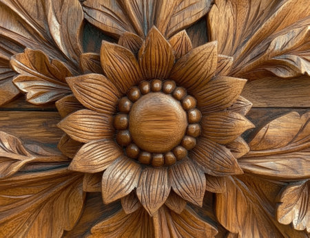 Intricate sunflower wood carving detailの素材