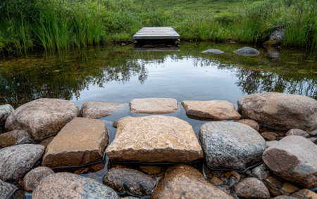 Stone stepping stones lead to a wooden dock over calm water.の素材