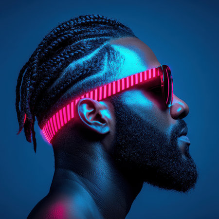 Profile of a man with neon pink sunglasses and braided hairの素材