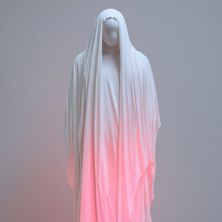 Ghostly figure in flowing white fabric with pink lightの素材