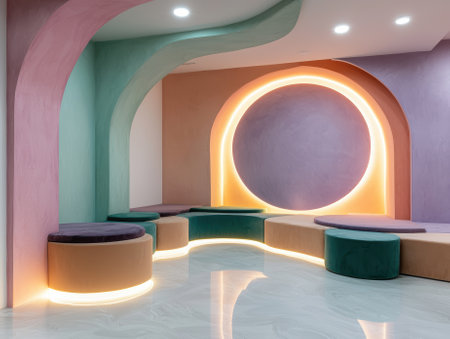 Modern colorful seating area with arches and soft lightingの素材