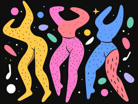 Three stylized figures dancing together in a vibrant, abstract settingの素材