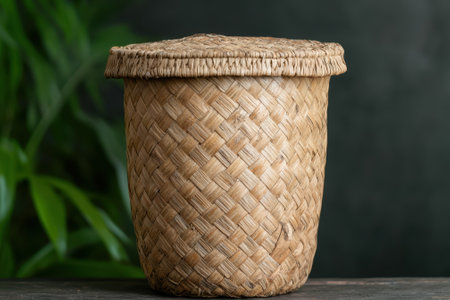 Woven wicker basket with lid on dark backgroundの素材
