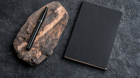 Black notebook and pen on dark backgroundの素材