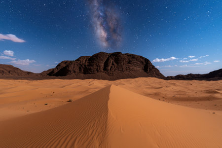 Starry night sky over desert landscape with sand dunes and mountainsの素材