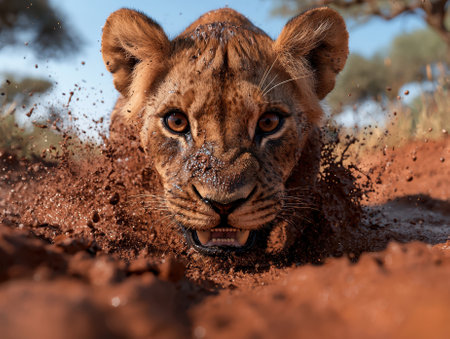 Lion cub bursting through mudの素材
