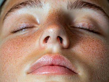 Close-up of a woman's face with freckles and closed eyesの素材