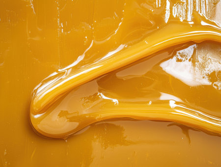 Close-up of golden caramel sauce, swirls and textureの素材