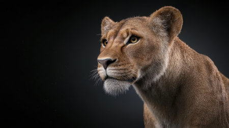 Closeup of a lioness looking to the left against a black backgroundの素材