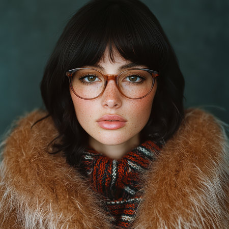 Woman with freckles wearing glasses and fur coatの素材