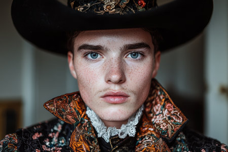 Portrait of a young man in a vintage hat and ornate jacketの素材