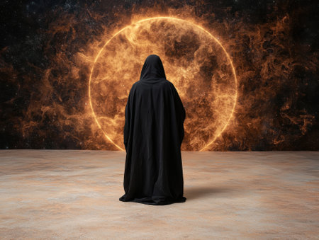 Hooded figure standing before a fiery cosmic portalの素材